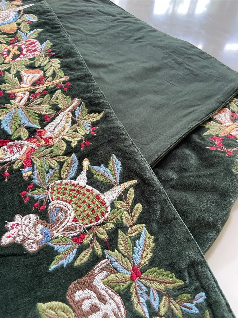Embroidered Velvet Table Runner in Deep Forest Green.. pottery barn runner